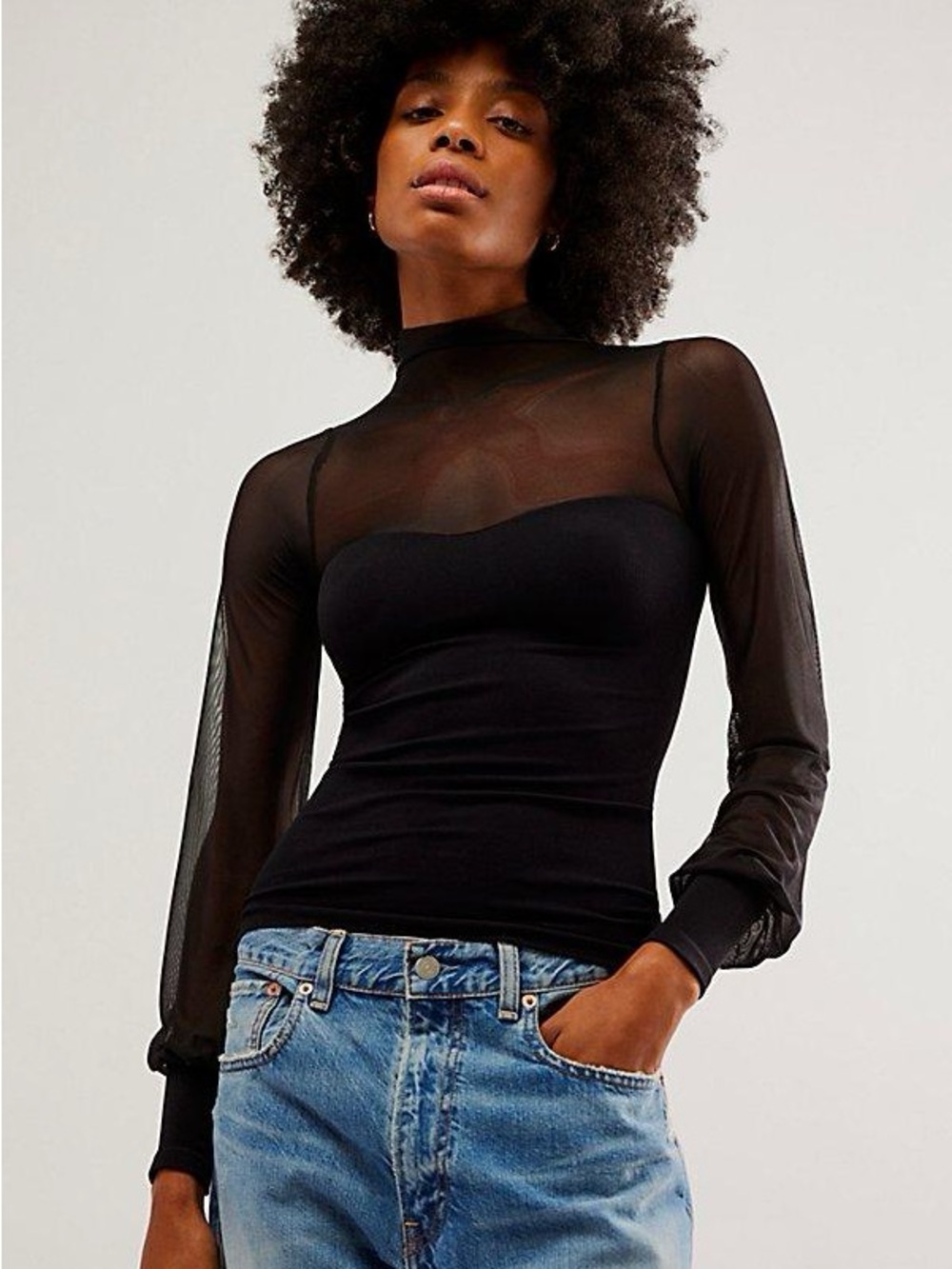 Free People Black Sheer Mesh Mock Neck Long-Sleeve Top